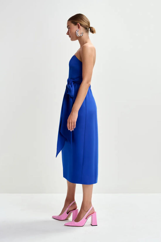 Essentiel Antwerp Blue Strapless Midi Dress with Wrap-Belt