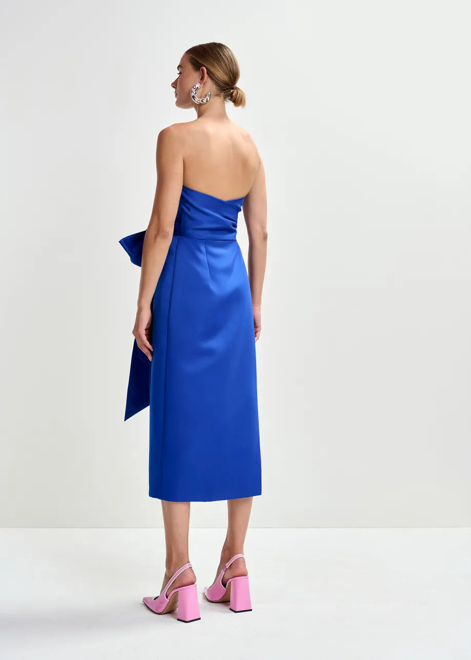 Essentiel Antwerp Blue Strapless Midi Dress with Wrap-Belt