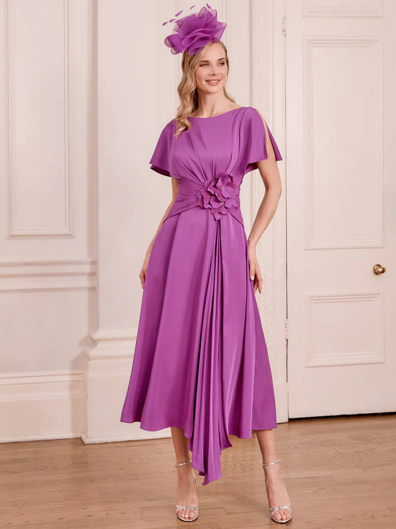 John Charles Violet Satin Back Crepe Midi Dress with 3D Floral Detail