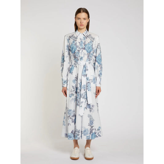 Marella Light Blue Floral Print Cotton Belted Shirt Dress
