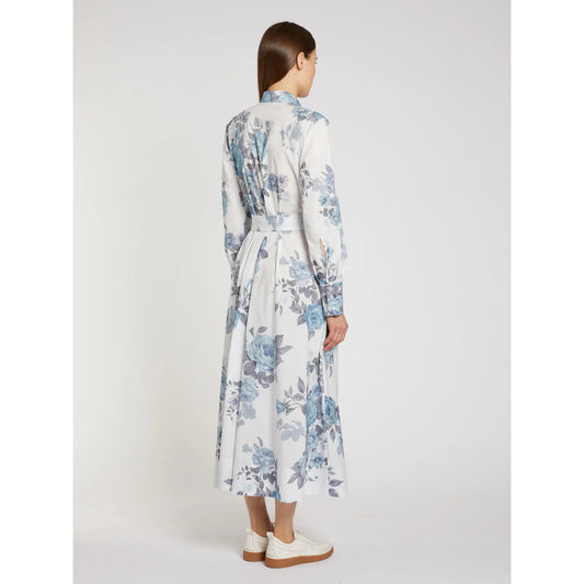 Marella Light Blue Floral Print Cotton Belted Shirt Dress