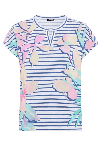 Olsen Indigo Stripe Floral Print Cotton T-Shirt with Notch Neck Cap Sleeve