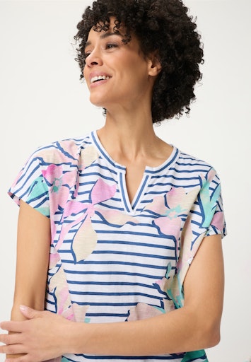 Olsen Indigo Stripe Floral Print Cotton T-Shirt with Notch Neck Cap Sleeve