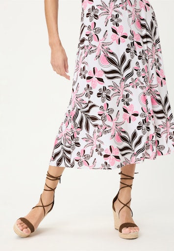 Olsen Raspberry Floral & Leaf Midi Dress – Viscose Blend, Buckle Detail