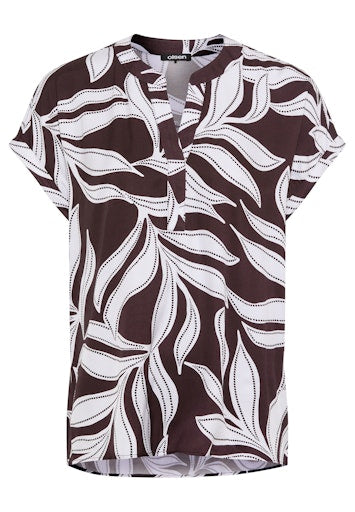 Olsen Dark Brown Leaf Print Viscose Top – Short Sleeve, V-Neck Tunic Style