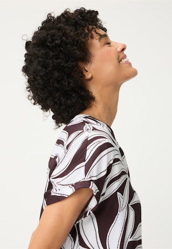 Olsen Dark Brown Leaf Print Viscose Top – Short Sleeve, V-Neck Tunic Style