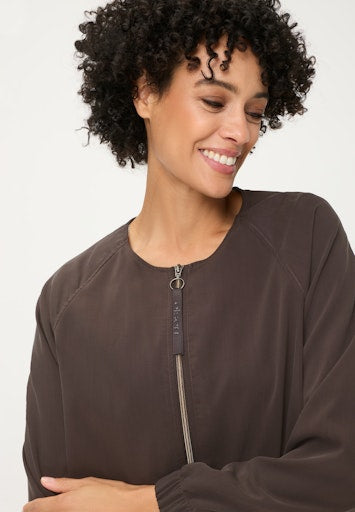 Olsen Dark Brown Bomber-Style Jacket with Round Neck, Zip Front, Elasticated Hem