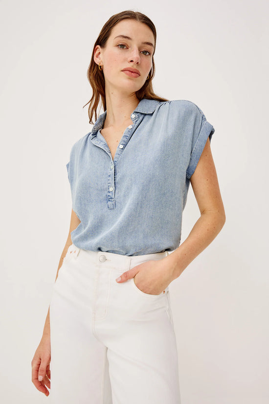 Rails Blue Linen Blend Cuffed Cap Sleeve Shirt