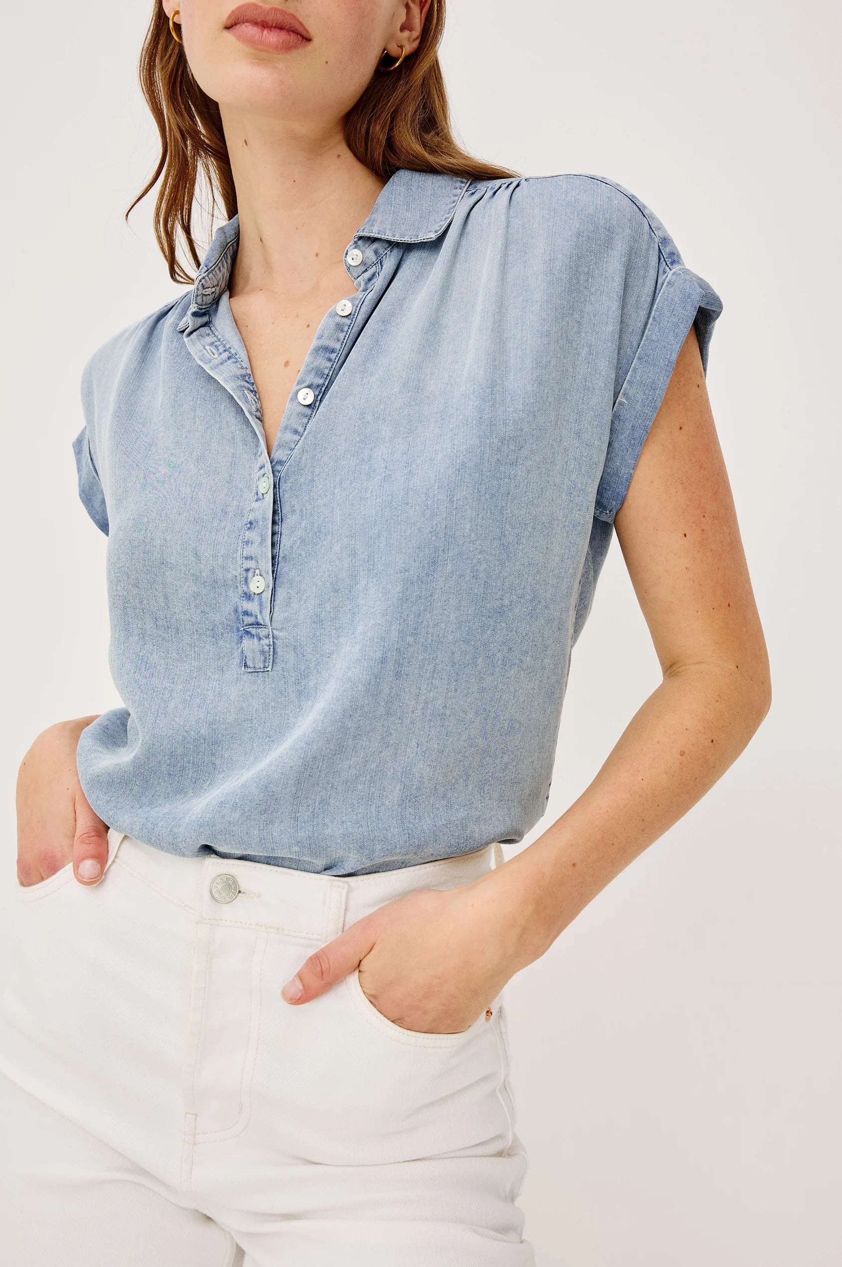 Rails Blue Linen Blend Cuffed Cap Sleeve Shirt