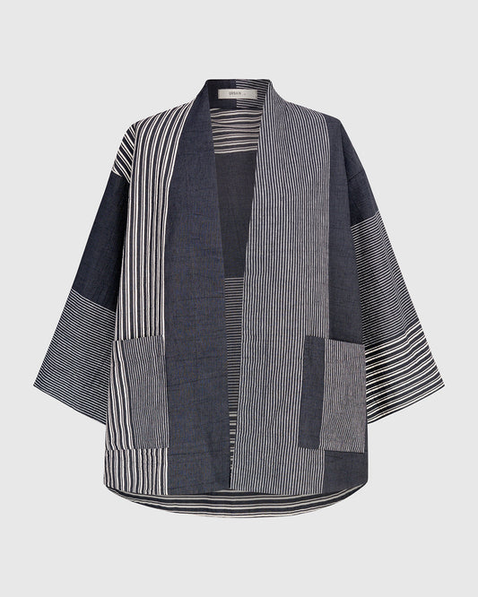 Alembika Dark Stripe Relaxed Fit Open V‑Neck Jacket with 3/4 Sleeves and Front Patch Pocket