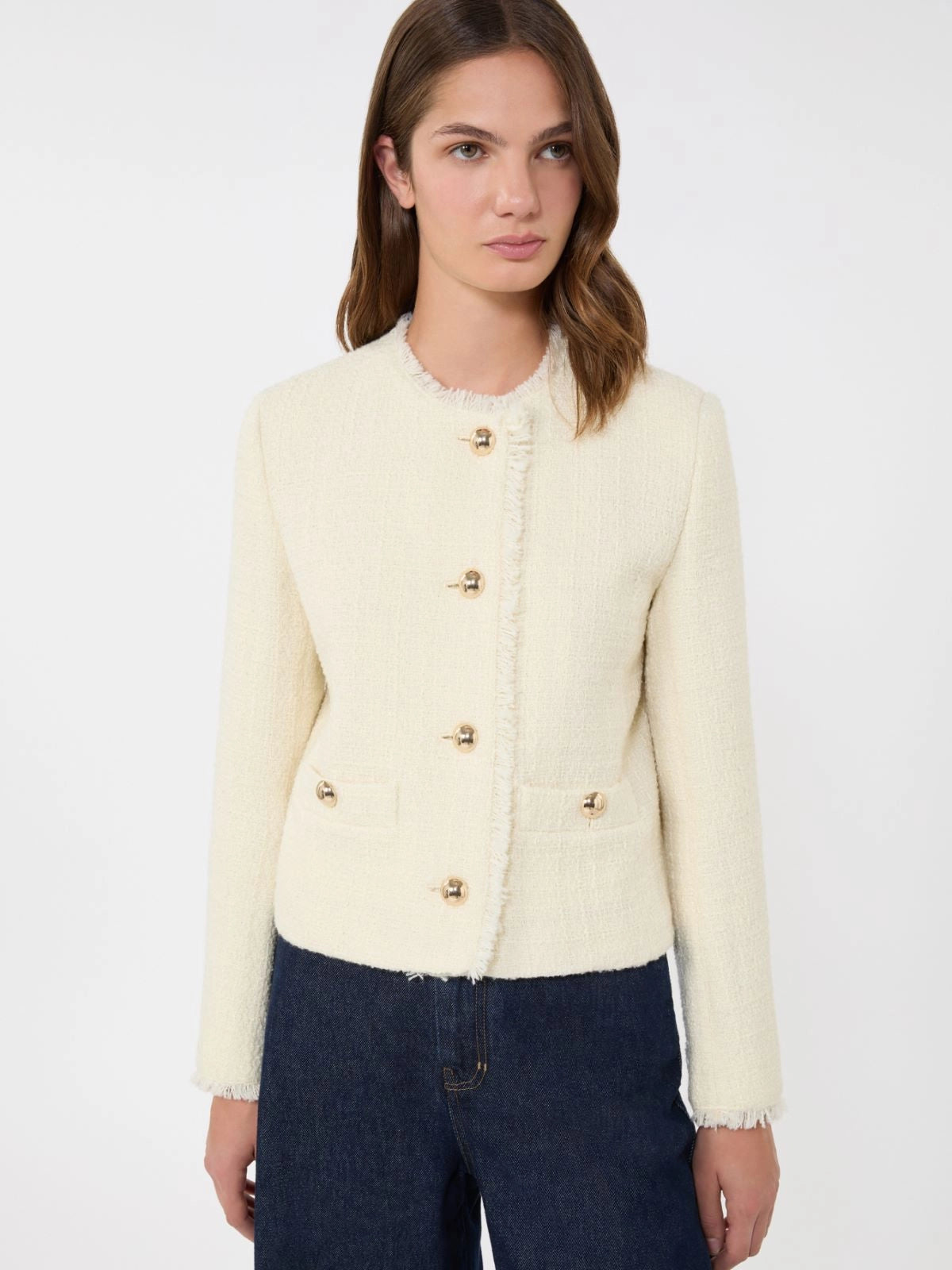 Max Mara Weekend Ecru Wool Blend Crew Neck Jacket 
