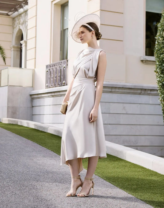 Couture Club Sand-Coloured Gathered Waistline Midi Dress