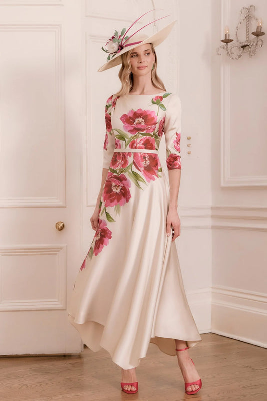 John Charles Ecru & Peony 3/4 Sleeve Midi Dress