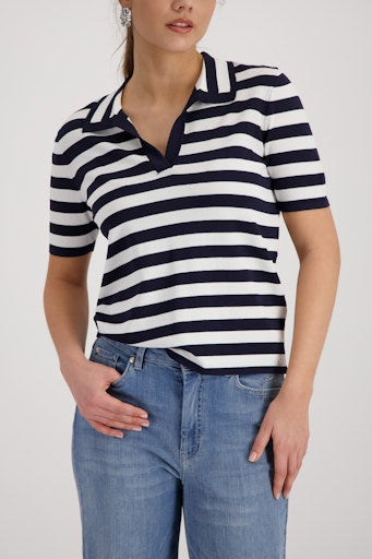 Monari Marine Blue Polo Top with Stripes